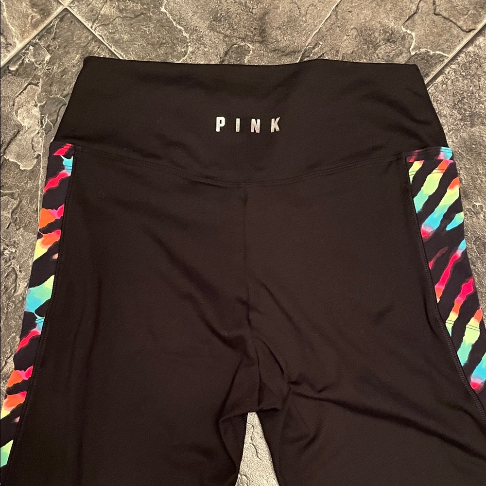 VICTORIA’S SECRET PINK Ultimate Black Leggings w Sporty Rainbow Stripes Yoga Gym